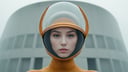 cinematic style, Abstract high quality sharp fashion design photography. minimalist Three-quarters portrait. Canon EOS Rebel XS. RF 70-200mm. ISO 400. F/5.6. Golden ratio. Horizontal three eyed beaming abstract shaped Spaceship shrimp helmet transparent women. Two point perspective. minimalist brutalist pattern. Split complementary range of color. Misty Fill light,   <lora:movb3:1>