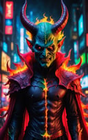 (best quality,8K,highres,masterpiece), ultra-detailed, (dark fantasy, anime), devil in a colorful and cinematic scene. The devil is portrayed with a creepy yet captivating presence, adorned in a colorful costume that stands out against the hell-like background. The scene is rendered with cinematic flair, evoking a sense of dread and fascination. The devil's menacing aura is enhanced by the vivid colors and intricate details of the costume, creating a visually striking and unforgettable image that draws the viewer into the depths of the dark fantasy world.