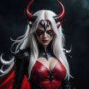 cinematic style, Female Demon, with white long hair, horns & black-red eyes in a Superhero outfit, full body, dark background, hdr, 8k,   <lora:movb3:1>