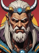(closeup odin in front of the bifröst), anthropomorphic, beautiful, borderlands 3 psycho portrait, colourful vector, graphic novel, grunge