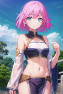 sillplain, <lora:sill plain-lora-nochekaiser:1>,sill plain, short hair, blue eyes, pink hair,BREAK navel, bare shoulders, detached sleeves, midriff, wide sleeves,BREAK outdoors, forest, nature, sun, sky, clouds,BREAK looking at viewer, (cowboy shot:1.5),BREAK <lyco:GoodHands-beta2:1>, (masterpiece:1.2), best quality, high resolution, unity 8k wallpaper, (illustration:0.8), (beautiful detailed eyes:1.6), extremely detailed face, perfect lighting, extremely detailed CG, (perfect hands, perfect anatomy),