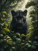 nature shot with wide shot of a dark jungle scene,face of a black-leopard hiding between the bushes,hunting,nightfall,dimmly lit,intense gaze,tension,perfect composition,masterpiece,best quality,,ziprealism. Outdoors,greenery,natural light,fresh, vivid contrast,vivid color,Hyperrealistic art cinematic film still photography in the style of detailed hyperrealism photoshoot,<lora:MysticVision_XL_fp16:1.5>