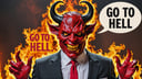 Photo of the devil wearing a suit in hell with text bubble that says "go to hell"