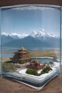 A small water-filled acrylic diorama standing beside a lake on the Tibetan Plateau. The diorama features Tibetan snow-capped mountains,landscapes and a small temple.,