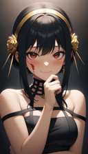 (masterpiece, best quality, very aesthetic, ultra detailed), intricate details,1girl, yor briar, spy x family, black hair, red eyes, blush, smile, closed mouth, blood on face, black dress, upper body, hand on own chin, looking at viewer, 