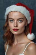 Portrait Photo a portrait, hyperdetailed photography, by Elizabeth Polunin, red haired young woman wearing a Santa Hat, Margot Robbie, brooklyn, looking straight to camera, sweaty, olya bossak, nepal, very accurate photo, suspiria 