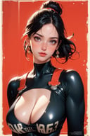 (masterpiece, best quality, hires, high resolution:1.2), (extremely detailed, realistic, intricate details, highres), 3d, cg, woman, muscular, abs, shiny skin, black hair, blush, freckles, eyeliner, eyeshadow, eyelashes, bun, plugsuit, science fiction, (huge wide breasts:1.2), (cinematic lighting, sunlight, volumetric), looking at viewer, eye-level shot, close-up shot, simple red background, vintage fantasy, 1960s \(style\), film grain, (atompunkstylesd15:1.0), (soviet poster:1.4),