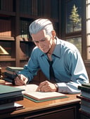 ((old man:1.4)) with connotations., ((Dark narrow eyes)), severe yet gentle, ((white hair:1.4)), ((short hair)), (((slicked-back hairstyle:1.4))), gentle face, ((clean body:1.2)), ((clean shaven face:1.4)), (((wrinkled skin:1.1))), medium height, gentle nature learned from much experience, ((gentleman)), 70 years old, Fine suit, Morning in the study. Documents and books are neatly arranged on the desk, creating a quiet environment where creativity can flourish, laugh softly,, ((masterpiece:1.3)), 8k, (extremely detailed and beautiful background), ((Ultra-precise depiction)), ((Ultra-detailed depiction)), (professional illustrasion:1.2), (professional lighting)