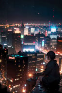1girl, sitting, full body, (depth of field, blurry foreground, blurry background:1.3), busan night city, from above