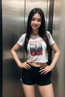T-shirt and shorts, (random situation in elevator), normal shape shape, super realistic autograph, (normal pose), 20 years old Thai women, cowboy shot, smile, realistic mirror elevator, dynamic pose, taking photo in elevator, realistic elevator,realistic photograph mobile phone quality, , iPhone camera quality:1.5