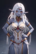 (high quality, detailed, beautiful), 1girl, perfect face,Azshara, elf ears, long ears, white hair, long hair, long brows, colored skin, blue skin, grey skin, yellow eyes, jewelrywhite clothes, hands on hips,dark background,<lora:Queen_Azshara_Elf__World_of_Warcraft:0.7>