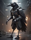 sci-fi, designed by James Paick, digital art, robotic Raven, it is dressed in cybernetics, its cybernetics is inspired by the 90's anime, in focus, Fantasy, dramatic lighting, anime style