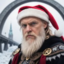 Epic Closeup photo of Odin in an ice landscape wearing a christmas hat , bifröst bridge in background