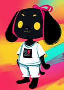 by Dirtyscoundrel, by Dramamine, by Kenno Arkkan, toony chibi (switch dog:1.3), dot eyes, white shirt, white pants, \:3, vib-ribbon, looking at viewer, three-quarter view, full-length portrait, BREAK, (colorful background, abstract background:1.2), film photography, soft focus, RAW photo, photorealistic, analog style, subsurface scattering, photorealism, absurd res