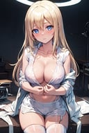 (masterpiece, best quality, ultra detailed,illustration), <lora:xiala-000008:1>,xiala,1girl, clothes_pull, cleavage, shirt_pull, solo, blue eyes, long hair, thighhighs, shorts, navel, jacket, blonde hair, looking at viewer, breasts, white shorts, white thighhighs, white jacket, midriff, crop top