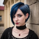 face portrait of a 20 years old woman , gothic short blue hair, ruby piercing