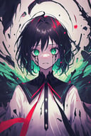 black hair, short hair, green eyes, sparkling eyes, pastel, abstract, particles, horror \(theme\), scary, ribbon, flowing hair, (nightmare), red, black, horrified, facing viewer, upper body, looking at viewer