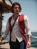 Holding a rapier an adult male pirate with long swept back brown hair, light blue eyes, stumbled facial hair, 1820s era white shirt and red vest, chest hair, holding a rapier, chest hair, 8k, cinematic lighting, island background
