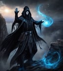 an elven  man casting a spell, long hair, perfectly drawing hands,  black mantle, black  hood, no face, standing on a cliff, LegendDarkFantasy,  <lora:LegendDarkFantasy-000001:0.9>