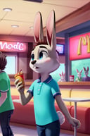NuPogodiNewHare, (shirt, buckteeth, pants, bunny tail), (interior, McDonald's Restaurant, Ordering Food, Crowd, Crowded), (masterpiece:1.2), hires, ultra-high resolution, 8K, high quality, (sharp focus:1.2), clean, crisp, cinematic, <lora:Hare-18:0.7>