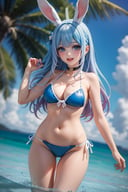 realistic,masterpiece,1girl, breasts, solo, swimsuit, sangonomiya kokomi, bikini, smile, pink hair, blue bikini, long hair, animal ears, navel, day, water, outdoors, open mouth, sky, blue sky, looking at viewer, rabbit ears, cleavage, multicolored hair, cloud, bare shoulders, see-through, bow, :d, bow-shaped hair, wading, blue eyes, thighs, medium breasts, very long hair, water drop, bangs, bare arms, thigh gap, standing, stomach, ass visible through thighs, bowtie, blue hair, hair ornament, highleg, gradient hair, colored tips, blush, blue bow, highleg bikini, choker, ocean, blunt bangs, blue choker, shawl, bird, (masterpiece,best quality:1.5)