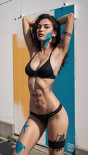A color poster of a mixture of graffiti and paint on a wall,portrait of a woman,upperbody,minimalist,with dynamic movement and bold colors,mixture,