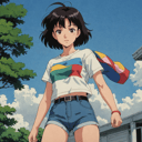 80's anime screencap, girl wearing a cropped top and short shorts, artistic rendition with wide brush strokes, anime comic