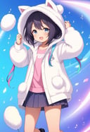 childish musical note background, 1 little girl, (White fluffy hoodie coat:1.3), dynamic angle,Cute girl, anime, SimpleNegative_AnimeV1