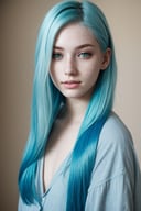 Photo of a young woman with cyan hair, natural-looking, yellow eyeshadow, pale skin, freckles