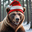 face portrait from an anthro male bear, fangs, wearing a christmas hat in a winter forest , fangs, realistic fur,RAW candid cinema, 16mm, color graded portra 400 film, remarkable color, ultra realistic, remarkable detailed pupil shot with cinematic camera, high quality photography, 3 point lighting, flash with softbox, 4k, Canon EOS R3, hdr, smooth, sharp focus, high resolution, award winning photo, 80mm, f2.8, bokeh