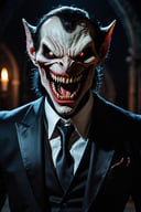 a monstrous vampiric creature that emerges from the darkness in search of its prey. wearing a black suit, while his eyes shine with an insatiable hunger. Detail of the sharp teeth, huge fangs visible in a sinister smile, ready to sink into human flesh.
