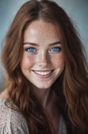 beautiful lady, (freckles), big smile, blue eyes, long hair, dark makeup, hyperdetailed photography, soft light, head and shoulders portrait, cover 
