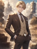 (male focus), (young man), luxurious golden hair with a few quirks, ice-blue eyes with a piercing brilliance, white, slender, tall, with the good looks of an outstanding demigod, a war genius, an ever-victorious general, a revolutionary, a man of strong sensibility, Imperial Marshal, 20 years old, smile thinly, ((A brown and cream large windowpane check suit)), (a beige shirt), (a brown necktie), (brown monk strap shoes), a brown leather belt, (an antique gold pocket watch),  A grand industrial city featuring a colossal port for airships to dock and depart. Smoke rising from chimneys fills the air amidst the clamor of factories, while airships navigate through the bustling harbor.