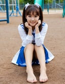 masterpiece, best quality, portrait photo of a 18 years old girl, rested her chin on her hand, cheer leader, outdoor, playground, (sitting on the floor,  bare feet, posing to viewer), (low angle/from below),<lora:hinaMaybeBetterPoseXL_v1:0.5>