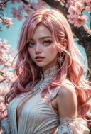 (masterpiece), (best quality), (ultra-detailed), ((masterpiece)) ((best quality)) ((ultra-detailed)), Light pink hair, pink eyes, pink and white, sakura leafs, vivid colors, white dress, paint splash, simple background, ray tracing, long hair, wavy hair