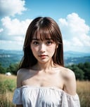 Best quality, masterpiece, photo by fuji-proplus-ii film, half-length portrait, close-up, raw photo of 20 years old woman in white off-shoulder, waist up, long hair, looking at viewer, deep cloudy sky, outdoor, high key light, soft shadow, dark theme, (film grain, film filter:1.3), high angle/from above,  <lora:hinaFilmFujiProPlusII_v1:0.6>
