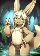 by Kikurage, by Setouchi Kurage, made in abyss, solo (nanachi:1.25), fluffy, (loincloth:1.3), claws, pose, flat chested, happy, v sign, hand on hips, half-length portrait, three-quarter view, BREAK, leaf, plant, cave, forest, water, watefall, crystal, masterpiece, best quality, 4k, 2k, high detail, absurd res