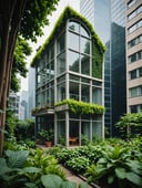a lush little vintage house with garden squeezed inbetween two modern cold glass skyscrapers, extremely detailed, 8k, 35mm photograph, amazing natural lighting, brilliant composition