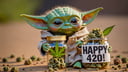 photo of baby yoda with a jar of cannabis with a sign saying "happy 420!" ounce of weed