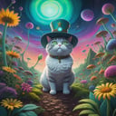 Rick and morty style, chubby Cat in an adventurer's hat, Seeing plants and flowers from the ground, view from below, atmospheric dreamscape painting, dream scenery art, highly detailed visionary art, cgi style, vibrant oil painting, splash art, Cozy mystery, masterpiece 8k wallpapper, neoplasticism, cryEngine, dramatic lighting