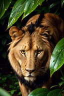 lion, hiding in the leaves, black dragon, shiny scales, ((rain)), zazie rainyday, beautiful eyes, macro shot, colorful details, natural lighting, amazing composition, subsurface scattering, velus hairs, amazing textures, filmic, soft light