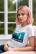 create a hyper realistic image of cute girl sitting on her bed in her room and glacing through the window, pink hair, wearing t-shirt, blue eyes. long dark eyebrows, long eyelashes, background of outside , 8k, high detailed, sharp focus, (masterpiece,best quality:1.5)