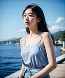 Best quality, masterpiece, film grain, photo by fuji-proplus-ii film, raw portrait photo of 20 years old woman, waist up, blue sky, outdoor, high key light, soft shadow, dark theme, <lora:hinaFilmFujiProPlusII_v1:0.6>