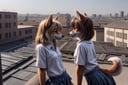2girls, anthro canine, school rooftop, leaning_over