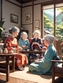 ((old woman)), (grandmother:1.3), (elder:1.4), ((slender)), ((wrinkled skin:1.1)), (gentle nature), black eyes, white hair, medium hair, hair bun, (bent waist:1.2), (short stature), (70 years old), kimono, Midday in the living room of a home on a day off. Family and friends gather, engaging in conversation and games in a relaxing space filled with smile, smile politely, ((masterpiece:1.3)), 8k, (extremely detailed and beautiful background), ((Ultra-precise depiction)), ((Ultra-detailed depiction)), (professional illustrasion:1.2), (professional lighting), ((masterpiece:1.3)), 8k, (extremely detailed and beautiful background), ((Ultra-precise depiction)), ((Ultra-detailed depiction)), (professional illustrasion:1.2), (professional lighting)