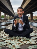 under a bridge, an very skinny man in tuxedo with a sunken face holding and eating  a big stack of cash, (screaming:0.6), homeless, chewing on dollars, extremely detailed, 8k, 35mm photograph, amazing natural lighting, brilliant composition