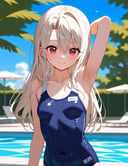score_9_up,score_8_up,1girl,illyasviel von einzbern,solo,smile,armpits,swimsuit,long hair,red eyes,outdoors,one-piece swimsuit,day,looking at viewer,sky,breasts,cloud,hair between eyes,arm up,pool,small breasts,bangs,upper body,blue sky,school swimsuit,v,closed mouth,water,blush,bare shoulders,tree,bare arms,presenting armpit,poolside,collarbone,blue one-piece swimsuit,covered navel,arm behind head,sidelocks,fingernails,white hair,blurry,blonde hair,