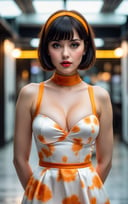 (best quality,4k,8k,highres,masterpiece:1.2),ultra-detailed,(realistic,photorealistic,photo-realistic:1.37), 1girl, solo, looking at viewer, short hair, (large breasts:2), bangs, black hair, orange dress, parted lips, (orange and white dress:1.2), stadning, full body, studio lighting, professional photography
