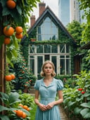 a lush little vintage cottage with garden squeezed inbetween two modern cold glass skyscrapers, fruits and vegetables, beautiful woman in the background, extremely detailed, 8k, 35mm photograph, amazing natural lighting, brilliant composition