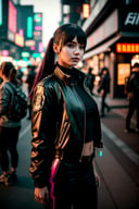 Medium candid 8k photography, (Stylish young woman in cyberpunk clothes:1.3), Candid composition, Street diner ambiance, Relaxed posture, (Urban surroundings:1.2), Bustling city crowd, Natural lighting, Shot with a Canon EOS 5D Mark IV, Ultra-high resolution, Genuine character